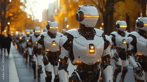 Wallpaper Mural Humanoid robots walking in a line on a city street Torontodigital.ca