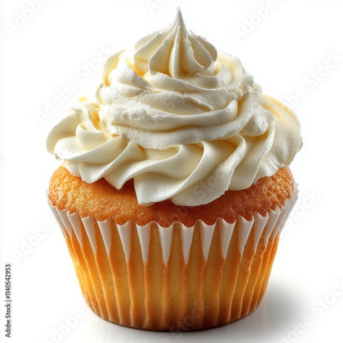 Deliciously frosted cupcake with creamy whipped topping on a white background