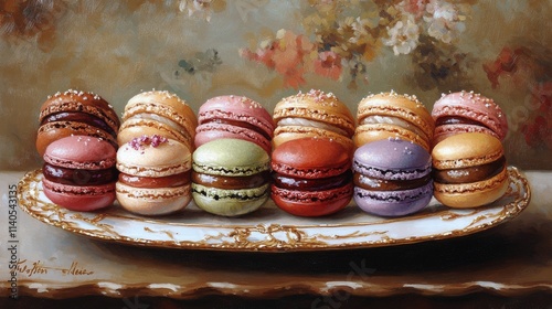 Colorful assortment of macarons arranged on a decorative plate at a dessert t...