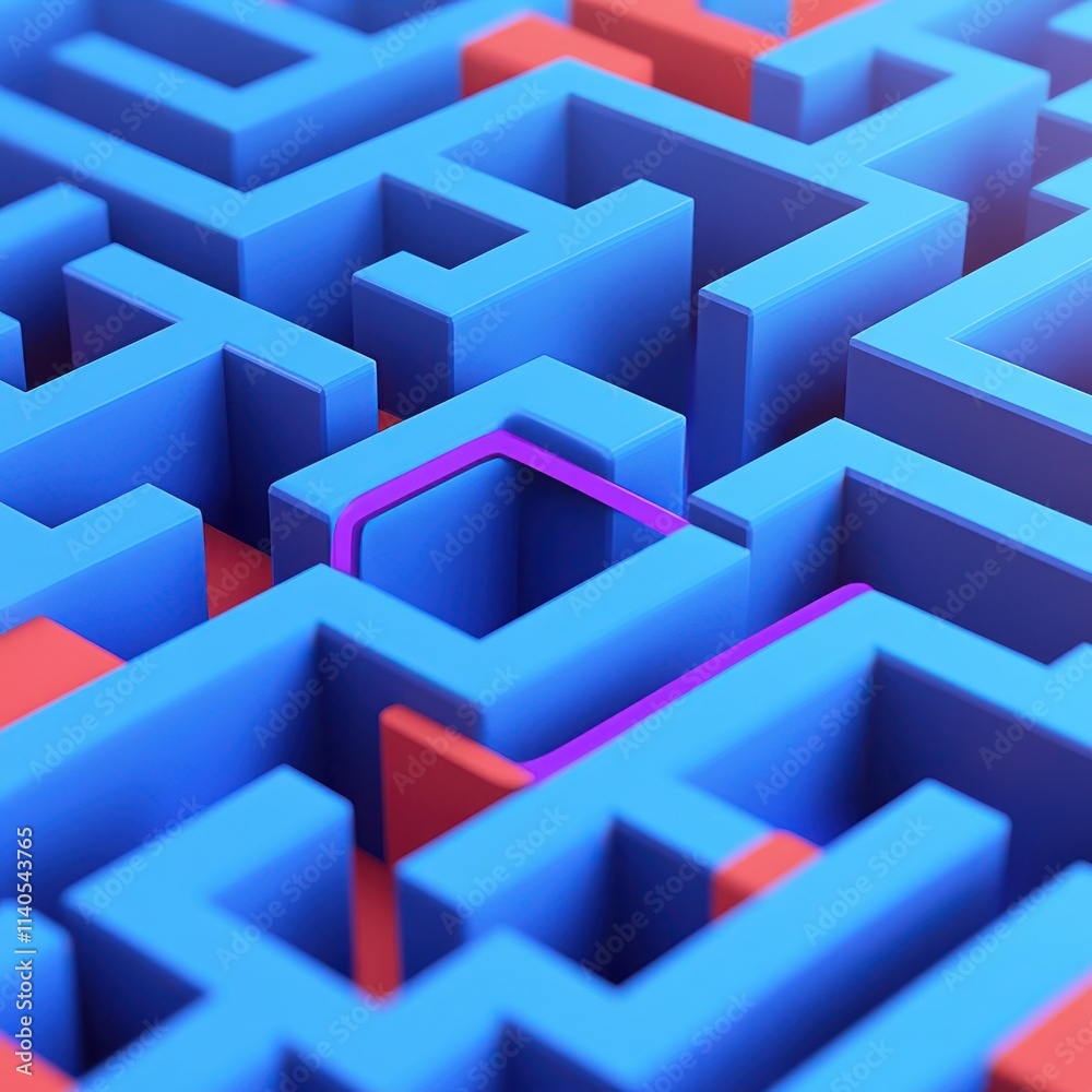 An abstract 3D maze design featuring vibrant blue and red colors with a highlighted purple path, creating a captivating view. An abstract 3D maze design featuring vibrant blue and red colors with a highlighted purple path, creating a captivating view.