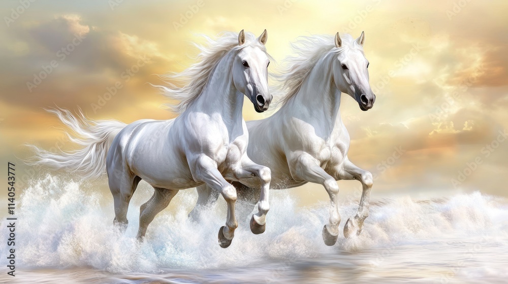 Fototapeta premium Two white horses galloping through shallow water against a scenic sunset backdrop.