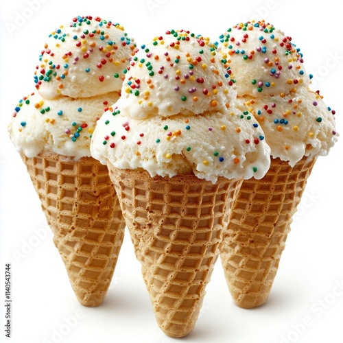 Delicious ice cream cone topped with colorful sprinkles ready to be enjoyed o...