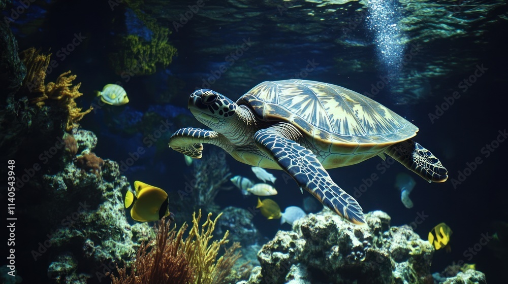 Fototapeta premium A sea turtle swims gracefully through a vibrant coral reef with colorful fish.