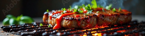 Ancho steak on barbecue grill with a drizzle of spicy sauce, ancho, aroma, meaty