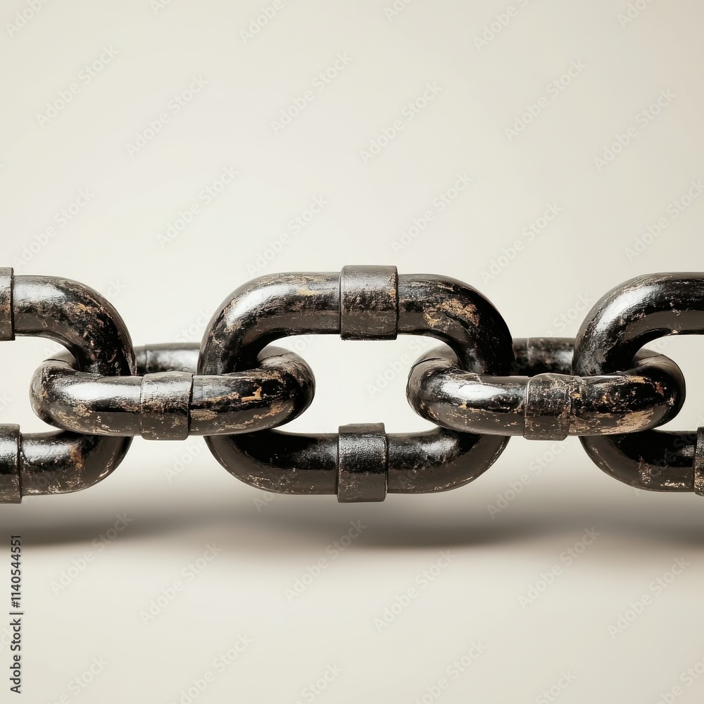 Fototapeta premium Close-up of a rugged black metal chain against a neutral background, showcasing its texture and strength.