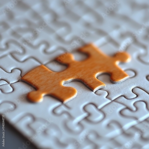 Close-up of a single orange puzzle piece fitting into a white completed puzzle. photo