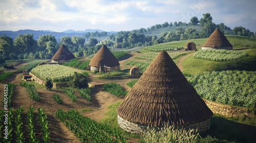 An exploration of historical sustainable practices, featuring traditional farming methods and eco-friendly building techniques from ancient cultures.