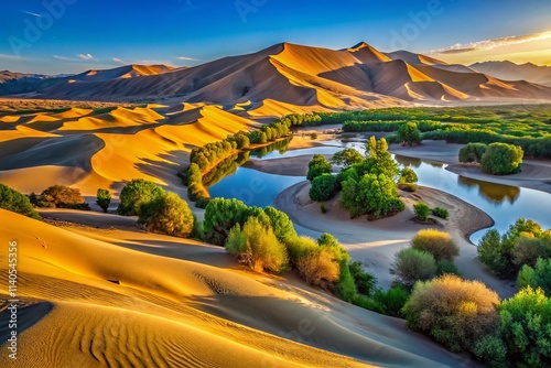 Mingsha Mountain Panoramic Landscape: Desert Dunes, Oasis, Sunset, China photo