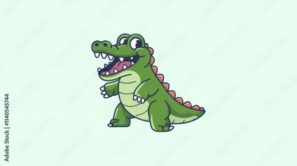 Fototapeta premium Cartoon Crocodile with Big Smile and Colorful Spikes on a Soft Green Background