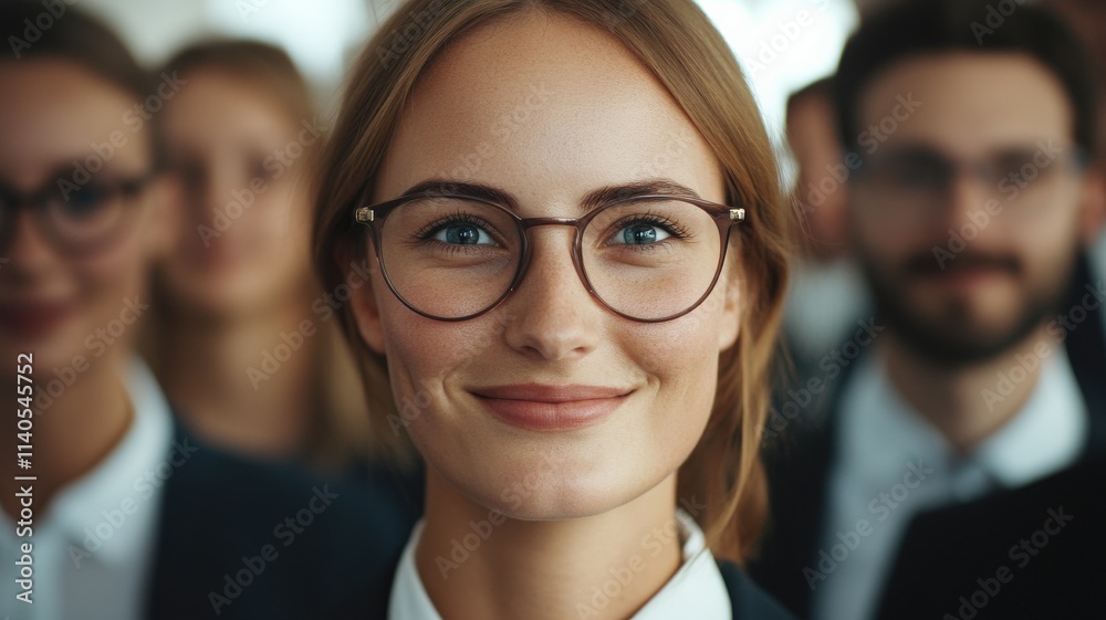 Fototapeta premium Professional Change promotion concept. A confident woman in glasses smiles warmly, surrounded by a group of professionals, suggesting teamwork and collaboration.