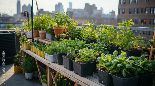 An urban rooftop garden demonstrating regenerative agriculture practices for small spaces, showcasing vertical farming, composting bins, and a variety of edible plants thriving in recycled containers