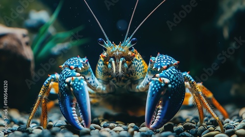 Close-Up View of Blue Lobster With Spotted Claws in Underwater Setting photo