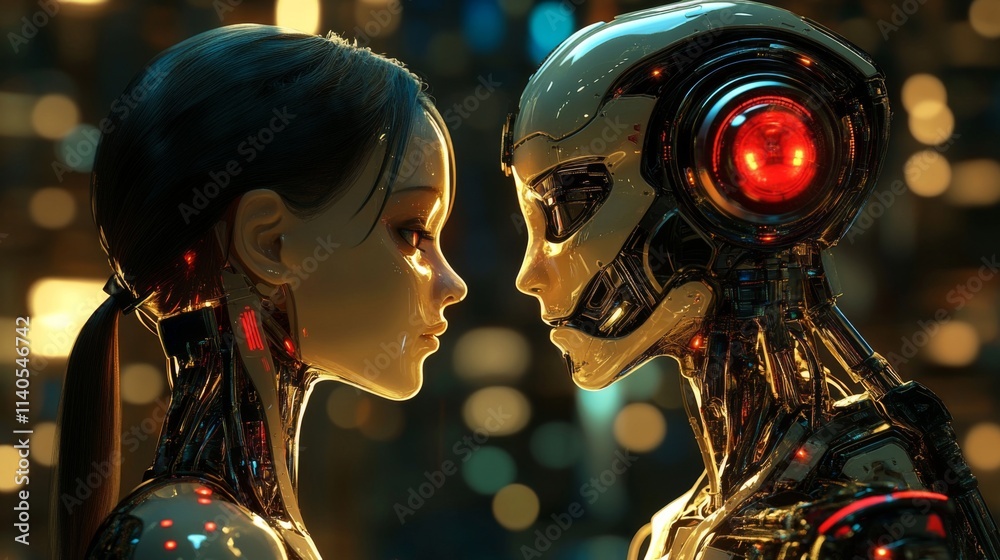 Fototapeta premium Close-up of a woman and robot gazing at each other in a sci-fi setting