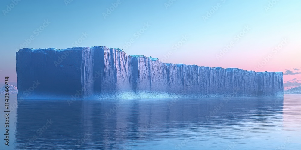 Fototapeta premium A majestic iceberg glows in soft pastel hues during twilight, reflecting the tranquil waters beneath.