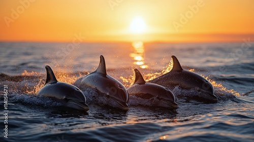 Dolphins swimming at sunset in the ocean creating a tranquil atmosphere