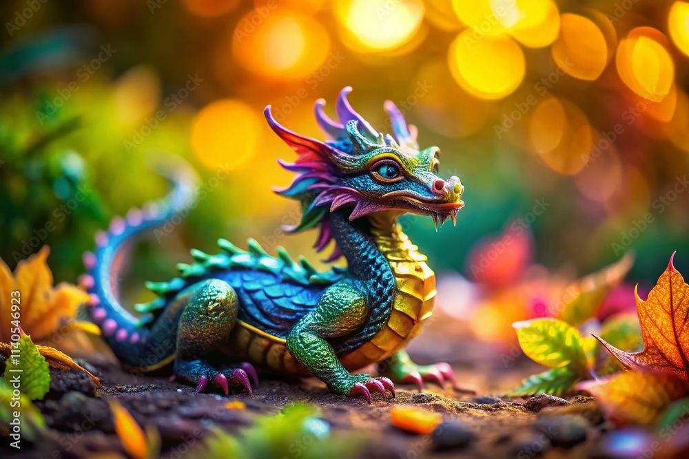 Fototapeta premium Miniature Dragon Wrapping Around, Tilt-Shift Fantasy, Whimsical Dragon Scene, Magical Creature Photography