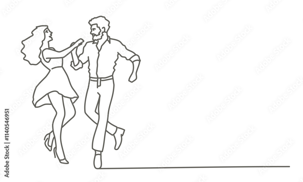 Man and a woman are dancing together. The man is wearing a white shirt and the woman is wearing a dress. Hand drawn vector illustration. Black and white. Man and a woman are dancing together. The man is wearing a white shirt and the woman is wearing a dress. Hand drawn vector illustration. Black and white.