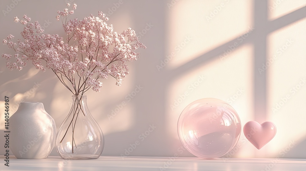 pastel pink hearts in minimalistic scene A delicate heart-shaped bubble floating gracefully pastel pink hearts in minimalistic scene A delicate heart-shaped bubble floating gracefully
