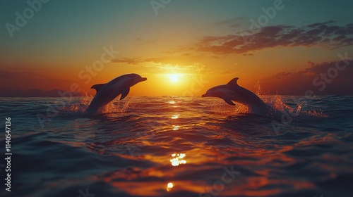 Dolphins swimming at sunset in the ocean creating a tranquil atmosphere