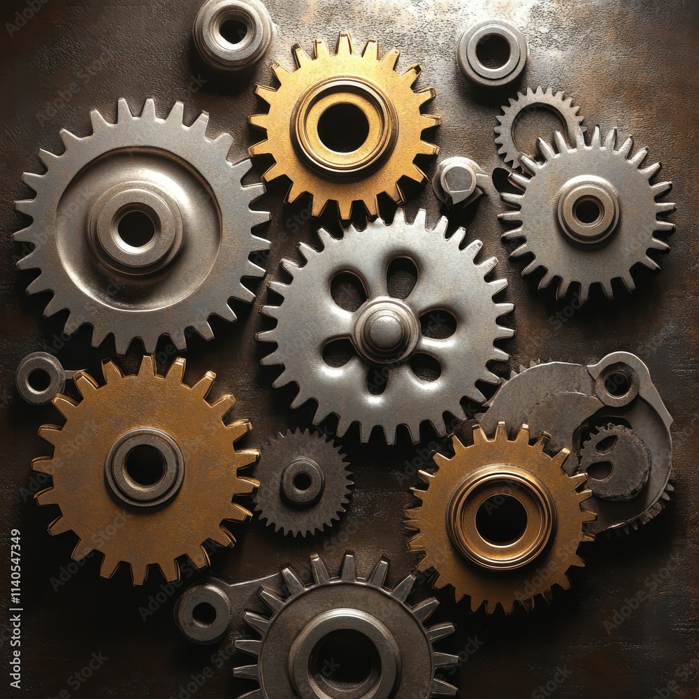 An arrangement of metallic gears in various sizes, showcasing intricate mechanical design and rich textures. An arrangement of metallic gears in various sizes, showcasing intricate mechanical design and rich textures.