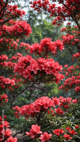 Azalea flower garden with small red buds in spring, spring garden, nature scenery