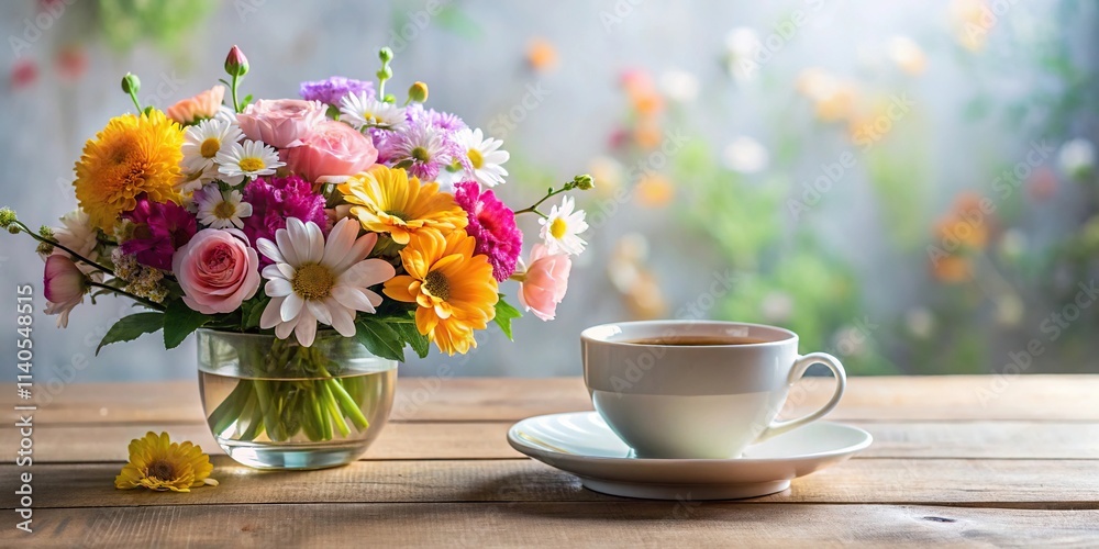 still life arrangement of flowers and tea cup still life arrangement of flowers and tea cup