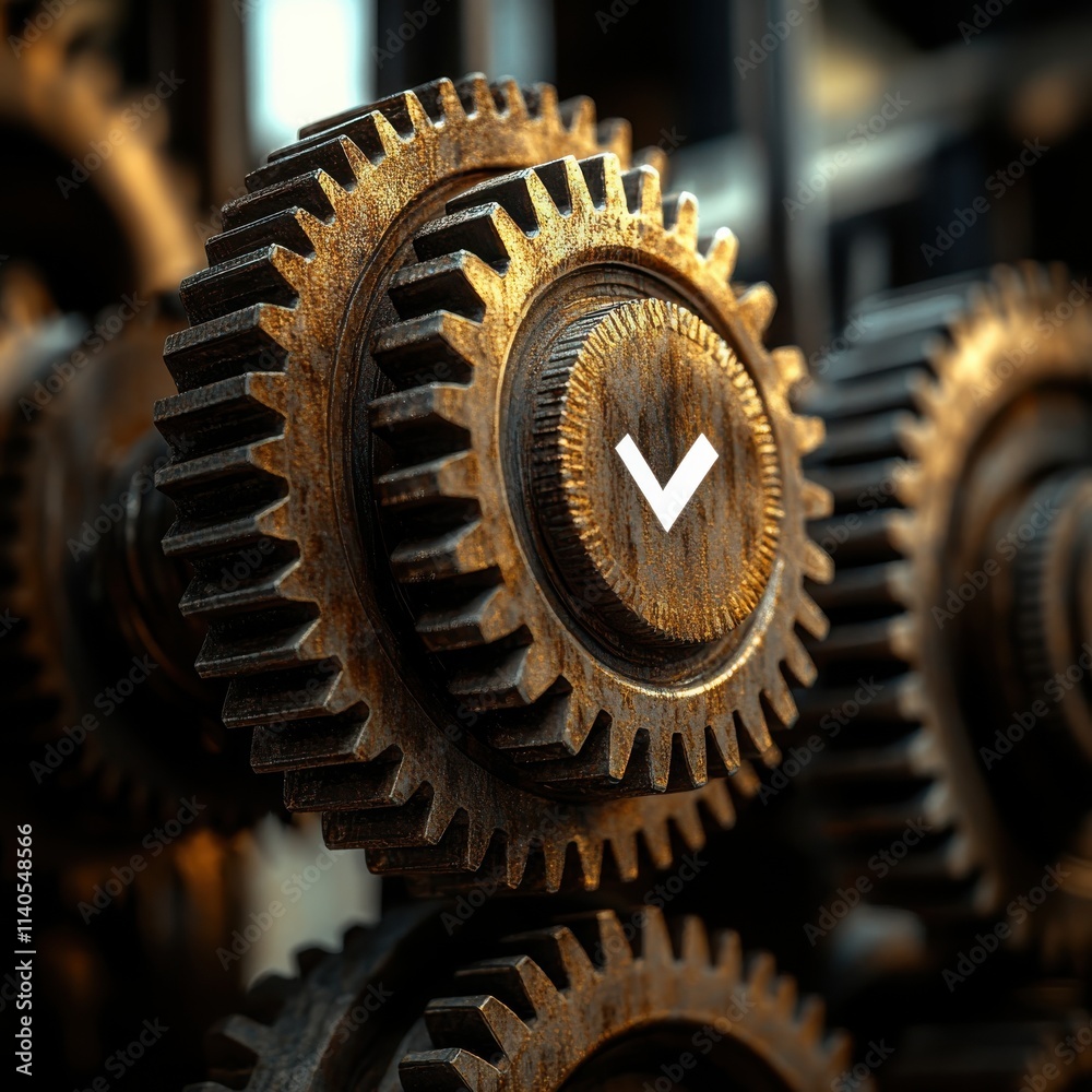 Close-up of a rusty gear wheel with a checkmark icon, symbolizing progress and machinery efficiency. Close-up of a rusty gear wheel with a checkmark icon, symbolizing progress and machinery efficiency.