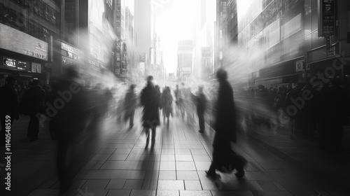 Blurred city street scene with people walking in soft monochrome tones