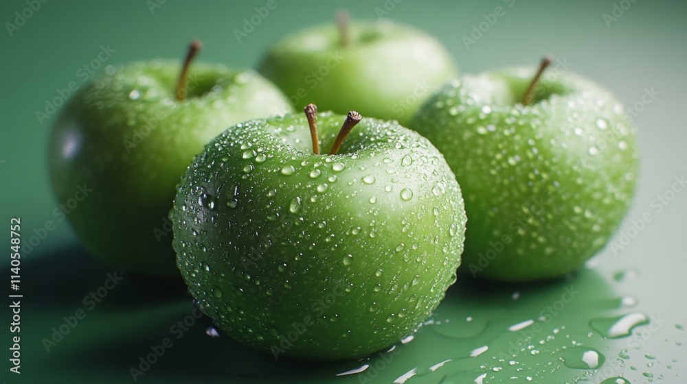 Fresh green apples covered in water droplets on a table Fresh green apples covered in water droplets on a table