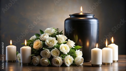 Still life arrangement of white roses and black cremation urn with burning candles photo