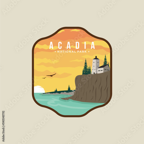 Emblem sticker patch logo illustration of Acadia National park on dark background