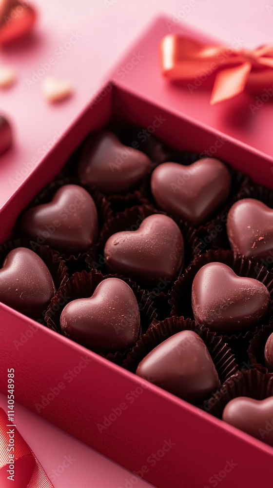 Heart-shaped chocolates in red box on pink background Heart-shaped chocolates in red box on pink background