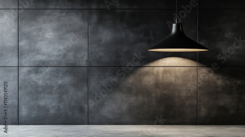 Modern interior corner with dark walls and hanging lamp creating ambiance and...