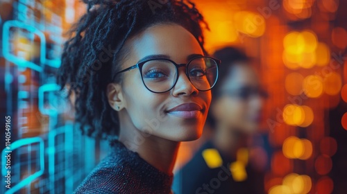 A young woman with curly hair and glasses smiles confidently against a backdr...