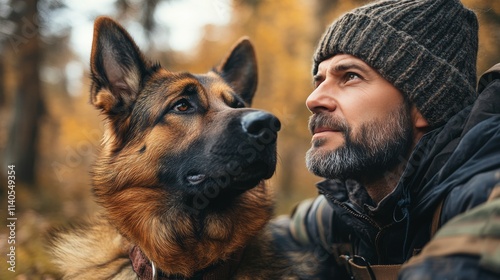 Unique man and dog hybrid in snowy landscape during winter season