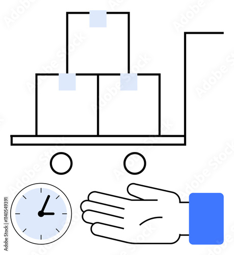 Rolling cart with three packages, a clock indicating timely delivery, and an open hand symbolizing service. Ideal for logistics, courier services, time management, efficiency, customer service