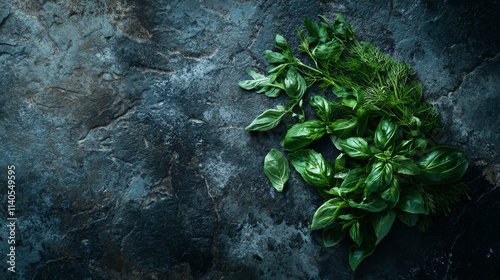 Top view of a bunch of green herbs like basil, mint, and dill placed on a stone surface, beautifully lit to highlight the textures and colors, perfect for food styling and culinary themes