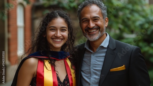 Graduation celebration with smiling graduate and proud family member outdoors