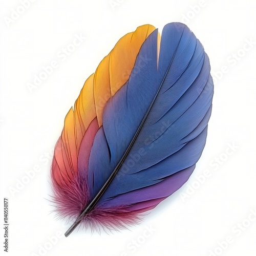 Colorful feather with gradient pattern showcasing vibrant hues of orange, blu...