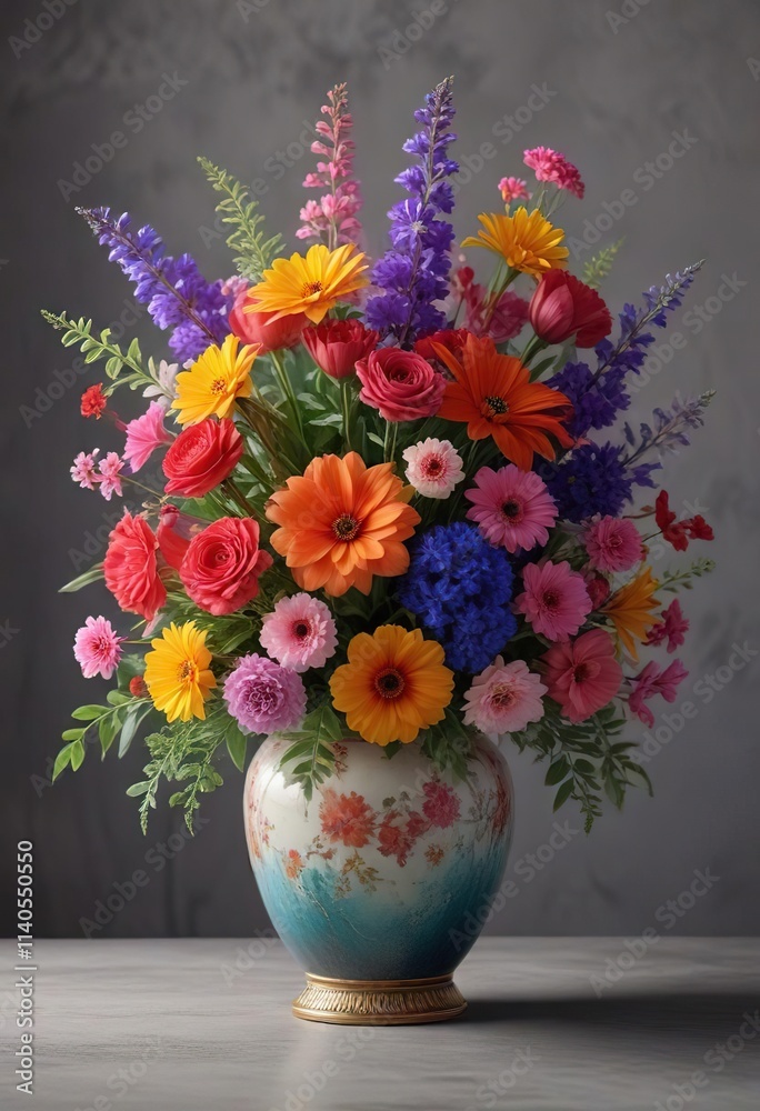 Colorful flowers arranged in a beautiful vase , vibrant colors, colorful vase, blooming flowers Colorful flowers arranged in a beautiful vase , vibrant colors, colorful vase, blooming flowers