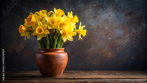 Wallpaper Mural Still life of yellow daffodil bouquet in clay vase on dark table, macro shot Torontodigital.ca