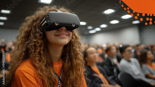 Young woman engages in virtual reality experience in classroom setting during...