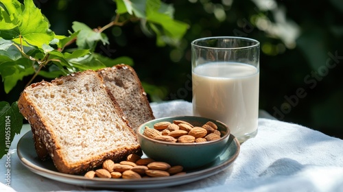 Healthy breakfast spread with whole grain bread almonds and milk outdoor garden food sunlit environment photo