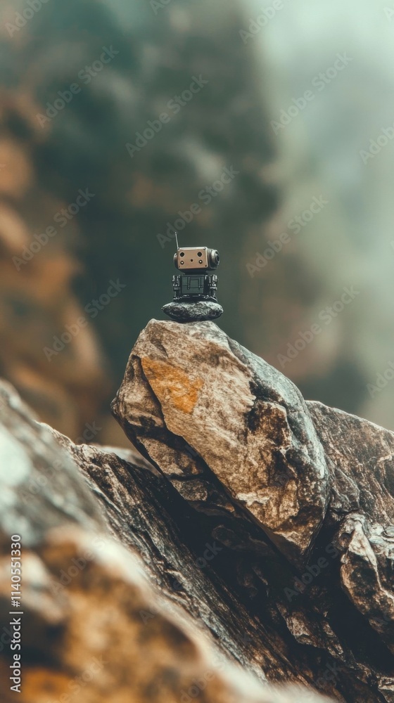 Obraz premium Rocky landscape with a tiny structure on top surrounded by fog