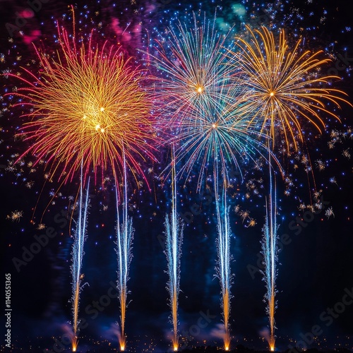 Vibrant fireworks display at night illuminating the sky over a celebratory event