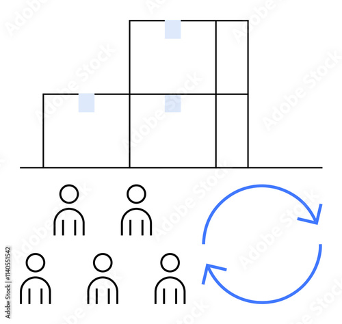 Three-tiered hierarchical structure, six stick figures representing group dynamics, and a blue circular arrow indicating continuous improvement. Ideal for teamwork, organization, leadership
