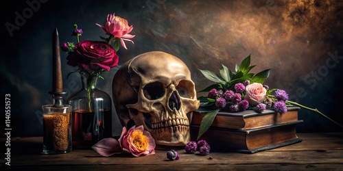 Still life photo with a dark academia vibe featuring a memento mori skull surrounded by alchemy books and flowers against a goth background silhouette