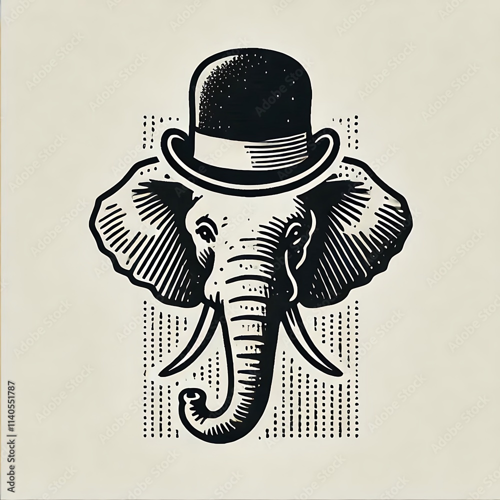 Fototapeta premium Elephant wearing a bowler hat in a vintage style.