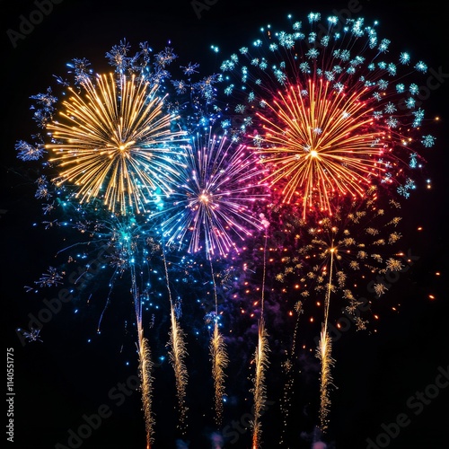 Vibrant fireworks display at night illuminating the sky over a celebratory event