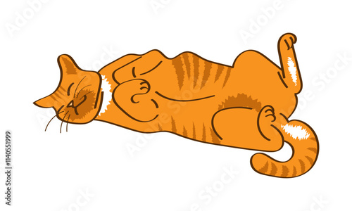 Red cat sleeps, lying belly up. Sketch, outline. Vector illustration